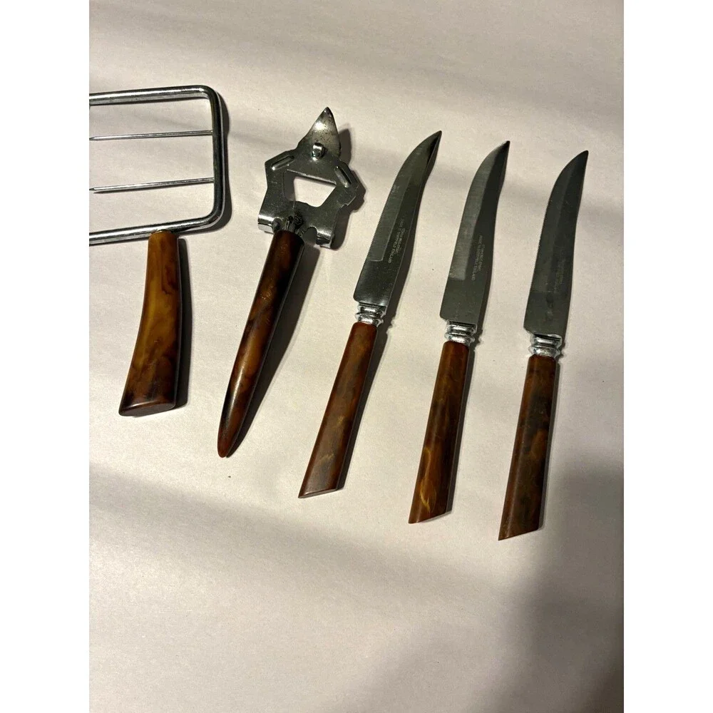 5-Piece Metal Flatware Set w/ Serving Pieces, Brown Handles, 3 Knives